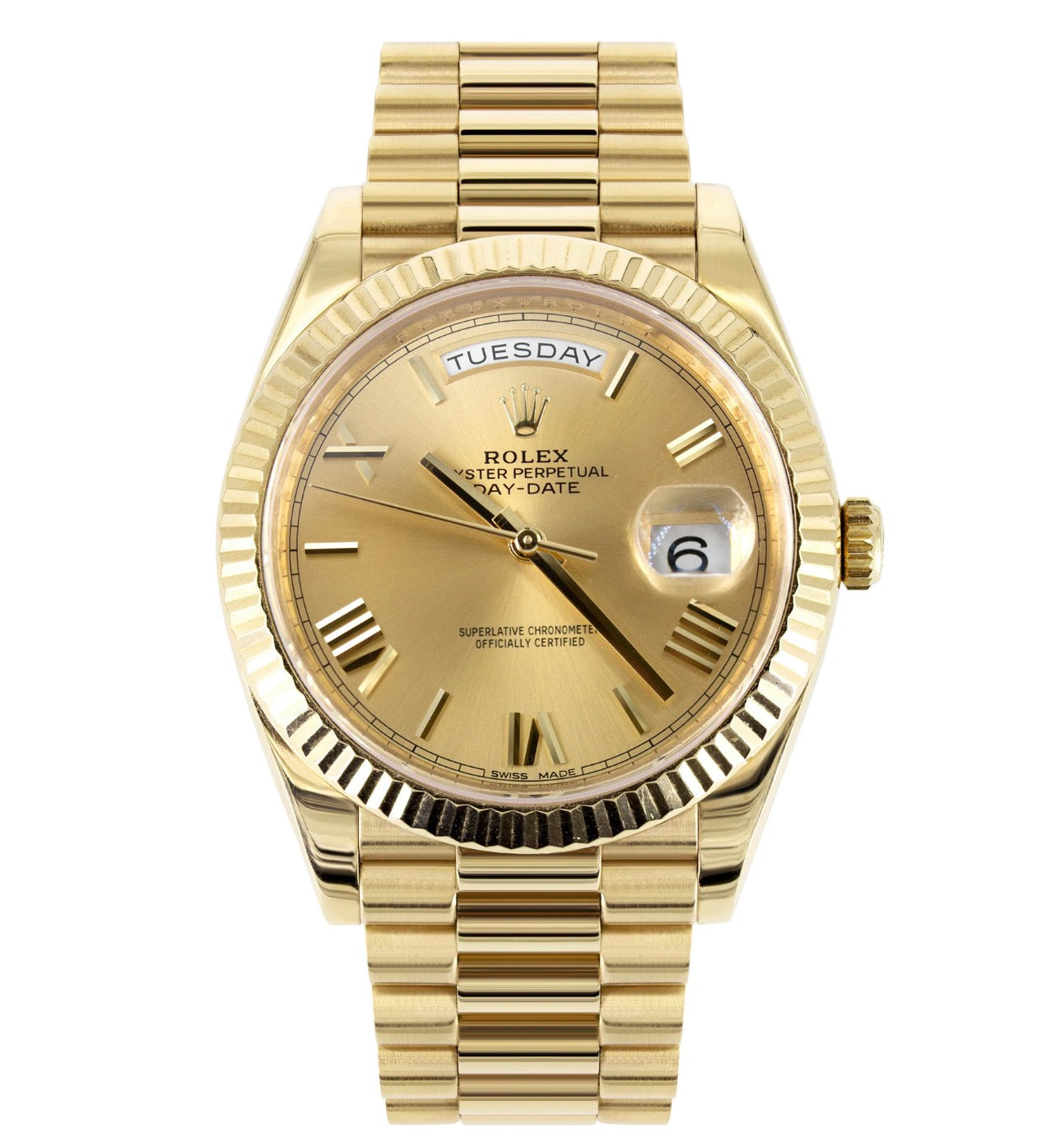 Rolex Day-Date 40 Presidential | Or jaune 18K 228238 | Cadran romain champagne | Lunette cannelée