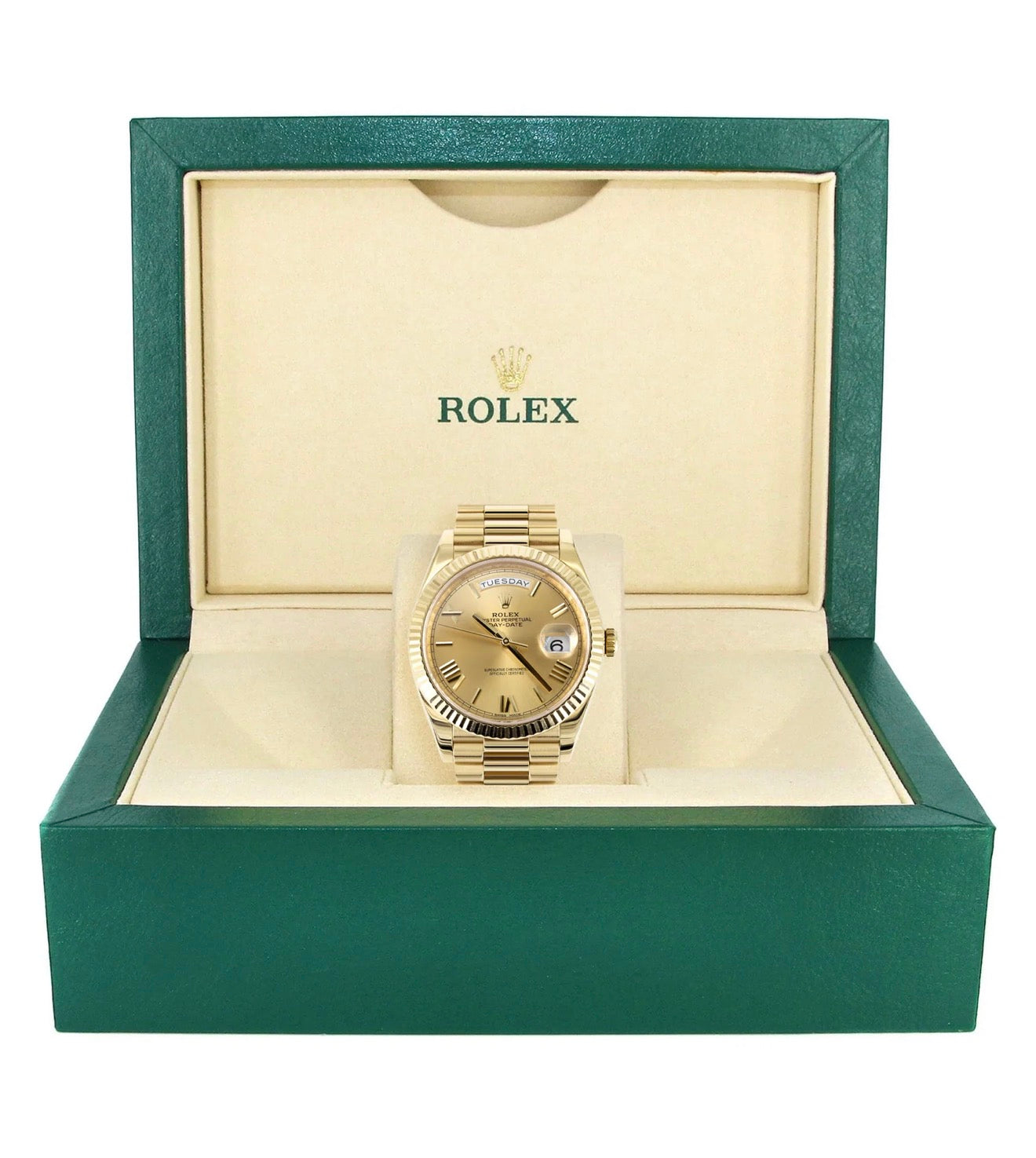 Rolex Day-Date 40 Presidential | Or jaune 18K 228238 | Cadran romain champagne | Lunette cannelée